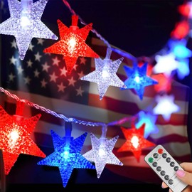 Red White and Blue Star Lights for Memorial Day Decorations, 20FT 30 LED Patriotic Lights for 4th of July Decorations Home, Battery Operated Star String Lights for July Fourth Party Christmas Decor