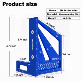 3D Multi Angle Measuring Ruler Aluminum Alloy Woodworking Square,Versatile Square Tool with Preset Angles from 22.5° to 90° Ideal Layout Tool for Carpentry, Engineering & DIY Projects