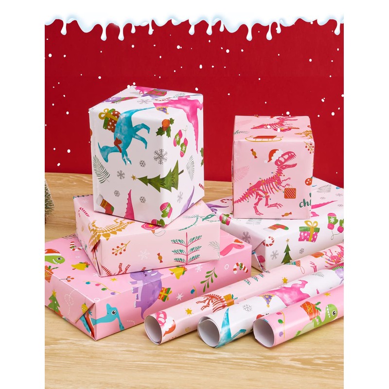 WERNNSAI Dinosaur Christmas Wrapping Paper 10 SHEETS Pink Christmas Flat