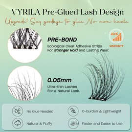 VYRILA Self-Adhesive Lash Cluster, Pre-Glued Clusters, Pop-On Faux Eyelashes, 3D Thin Band D Curl Natural Look Lahses, Easy to Apply, Reusable 0.05mm Eyelash Extensions (Green Hush-D-0.05-10-16mix)
