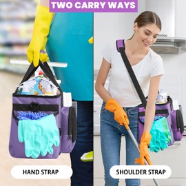 Timoxi Wearable Cleaning Caddy Bag, Cleaning Organizer with Handles, Cleaning Supply Tote with Adjustable Shoulder Strap for Cleaners & Housekeeper (Purple, 13.4'' x 7.3'' x 9.3''), TM00028