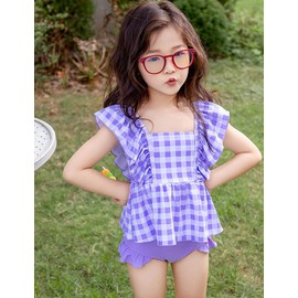 [AILITI] キッズ 水着 女の子 セパレート 3点セット 子供用水着 ノースリーブトップス ショートパンツ フリル スイムキャップ付き 速乾 幼児 小学生 (100, パープル)