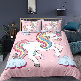 CIUNVXD 3-Piece Children's Pink Cartoon Unicorn Duvet Covers Set, Cute Unicorn, Rainbow Unicorn Duvet Cover for Boys Girls (B, 135 x 200 cm)