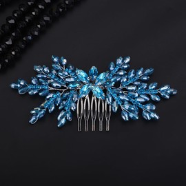 Teyglen Blue Crystal Rhinestone Beads Hair Comb Rhinestone Wedding Hair Side Comb Bridal Crystal Hair Piece Hair Accessories Flower Headpiece for Women Girls(Blue)