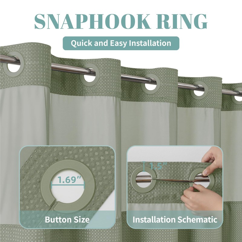 eachope SageGreen No Hook Waffle Weave Shower Curtain with snap-in