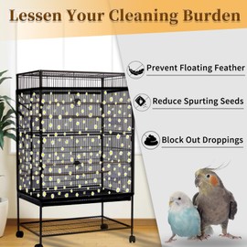 Daoeny 2PCS Bird Cage Seed Catcher, Large Bird Cage Cover, Adjustable Soft Airy Nylon Mesh, Birdcage Cover Skirt Seed Guard for Parrot Parakeet Macaw Round Square Cages (Black & White Daisy)