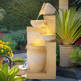 USSerenaY 4-Tier Outdoor Indoor Water Feature Fountain, 32" H Indoor Cascading Waterfall with 3 LED Lights, Floor Standing Garden Fountain for Garden, Deck, Backyard, Patio, Yard (Yellow)