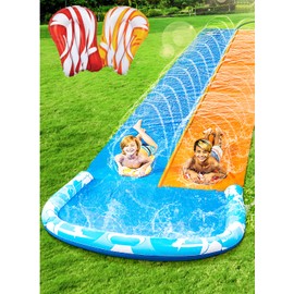 JOYIN 32.5FT Water Slide and 2 Inflatable Boards, Extra Long Double Lawn Heavy Duty Splash Mat Pad with Sprinkler for Kids Adults Backyard Summer Water Toy Outdoor Fun, Blue, Orange