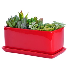 VanEnjoy 10 Inch Red Rectangle Ceramic Succulent Planter Pot Decorative Cactus Plant Pot Flower Container with Ceramic Tray