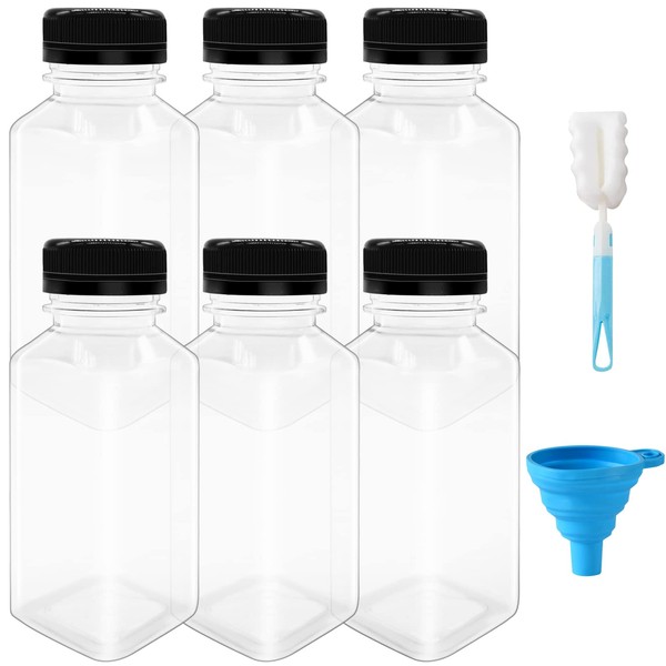 WAIZHIUA 6Pcs 250ml Plastic Juice Bottles Clear PET Bottles Empty Reusable Drink Bottles Containers with Caps Brush Funnel for Juice Milk Smoothie Water Homemade Beverages, Transparent
