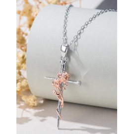 Qyvit Cross Necklace 925 Sterling Silver Cross Flower Pendant Christian Cross Rose Necklace Religious Cross Jewelry Gifts for Women