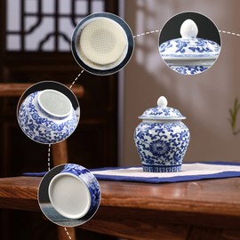 Nishiyuenyi Ceramic Ginger Jar Chinese Style Blue White Porcelain Home Decor Accent Centerpiece Ornament Decorative Flower Vase Food Storage Jar, 4.8''x3.74''