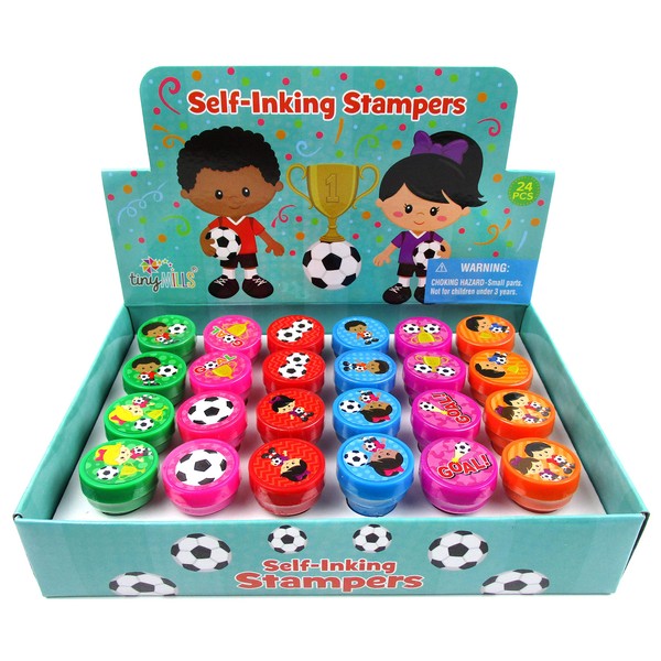 TINYMILLS 24 Pcs Soccer Stampers for Kids Party Favor Goodie Bag Stuffers Pinata Fillers Soccer Futbol Gifts Carnival Prizes Team Party Favor Rewards