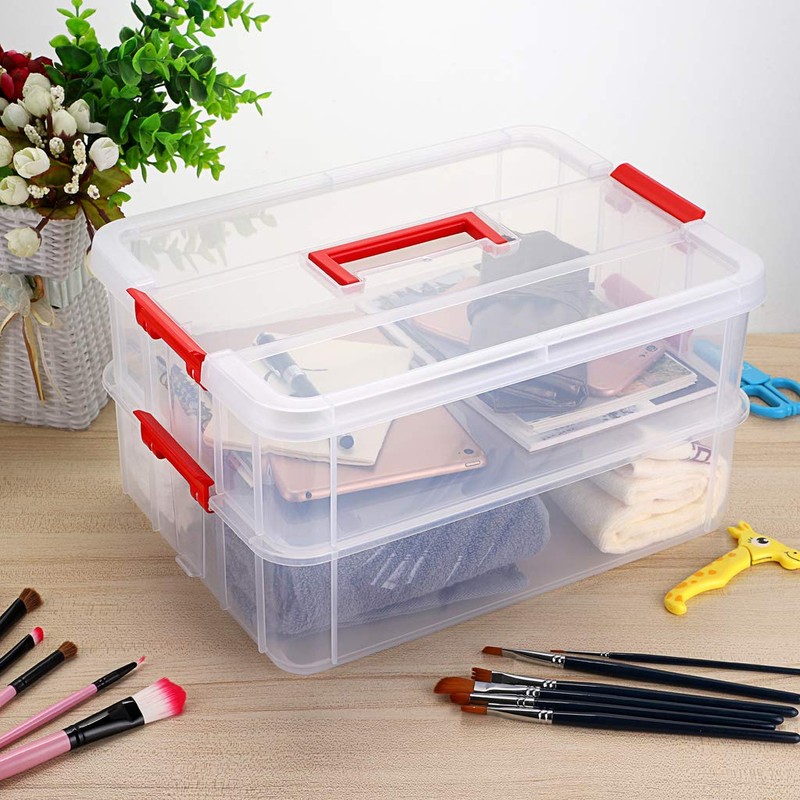 JUXYES 2-Tiers Stack Carry Storage Box With Handle, Transparent Stackable
