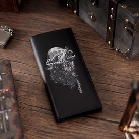 skneephate Wolf Long Wallet For Men,Premium Genuine Leather Checkbook Men's Wallets Bifold,RFID Blocking,Gift For Him (black)