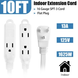 GREATIDE - Cable de extensión de 3 salidas de 10 pies con enchufe plano, 3 clavijas a tierra, 16/3 SPT-3 cable de alimentación para uso en interiores, blanco, paquete de 2