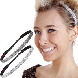 Hipsy 2pk Women's Adjustable NON SLIP Skinny Bling Glitter Headband Silver Duo Pack (Silver & Gunmetal)