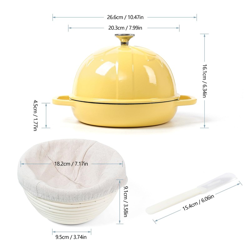 HAWOK Cast Iron Bread Cloche, Dia. 7.8inch/20cm, with Proofing Basket