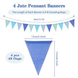 Bunting Jute, 4 Pieces Bunting Garland Bunting Outdoor Weatherproof, 48 Pieces Vintage Imitation Linen Bunting Garden Bunting Garland for Wedding Decoration Party Decoration Garden Decoration (Blue)