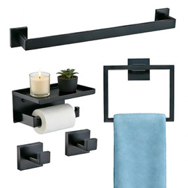 5-Pieces Matte Black Bathroom Hardware Accessories Set,SUS304 Stainless Steel Wall Mounted 16 Inch Hand Towel Bar,Towel Racks for Bathroom, Bath Towel Bar Set Wall Mounted