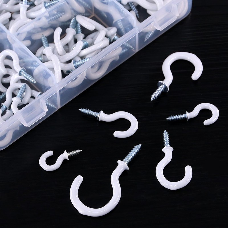 Swpeet 100Pcs White 6 Sizes Cup Hooks Assortment Kit, Vinyl