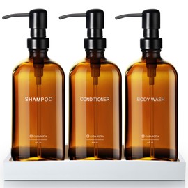 Casa Sofia Amber Glass Shampoo and Conditioner Dispenser Set – Refillable 16 OZ Bottles with Pump, Concrete Tray Included – Modern Bathroom Organization