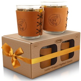 Oowee Genuine Leather Sleeve & Highball Glasses - Set of 2 | 13oz Tom Collins & High Ball Glasses Set| Great Gift for Men - Sleeve Made in the USA - Fish Hook