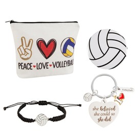 Volleyball Gifts Inspirational Gifts for Women,Volleyball Gifts for Players Teams Bulk,Volleyball Makeup Bag,Volleyball Stuff Keychain,Volleyball Charm Bracelet,Volleyball Round Makeup Mirror-4PCS