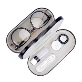 Muf 2 in 1 Double Sided Portable Contact Lens Case and Glasses Case,Dual Use Design with Built-in Mirror, Tweezer and Contact Lens Solution Bottle Included for Travel Kit(Black)