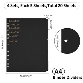 SUPERFINDINGS 20 Sheets Thick 11 Hole 5 Tabs Paper Folder Dividers A4 Notebook Index Dividers with Tabs Black Opaque Writeable Dividers for Notebook Folder