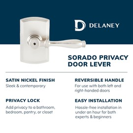 Delaney Callan Hardware Sorado Privacy Door Handle, Fits Door 1-3/8 to 1-3/4 in. Thick, Satin Nickel – Reversible Left/Right-Handed Bed & Bathroom Push Button Door Lever – Easy to Install