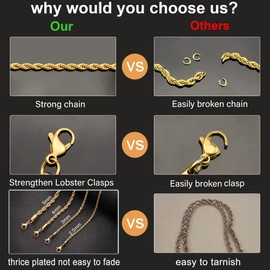 Gold Plated Necklace for Men 3MM 16 Inches Stainless Steel Twist Rope Chain for Women Mens