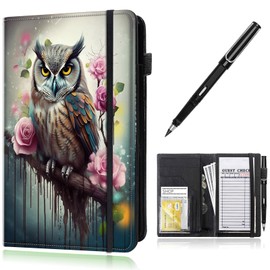 Server Book,Waitress Book,Waiter Book Server Organizer with Zipper Pocket,Leather Waitress & Waitstaff Book Wallet with Card Slot Guest Check Holder 9 x 5 Inch Server Book,Cute Owl Roses Flower