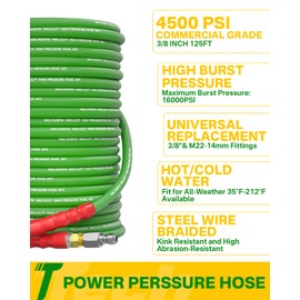 TechSweepPro Pressure Washer Hose 125FT 3/8" for Cold and Hot Water 248°F, with Swivel Quick Connect, 4500PSI Kink Resistant Grade Steel Wire Braided, Power Washer Hose With 2pcs M22-14mm Adapter