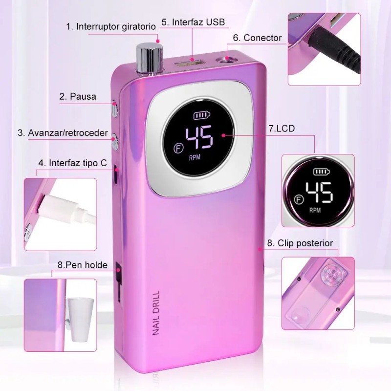 Taladro De Uñas Eléctrico Profesional De 45000 Rpm Recargabl