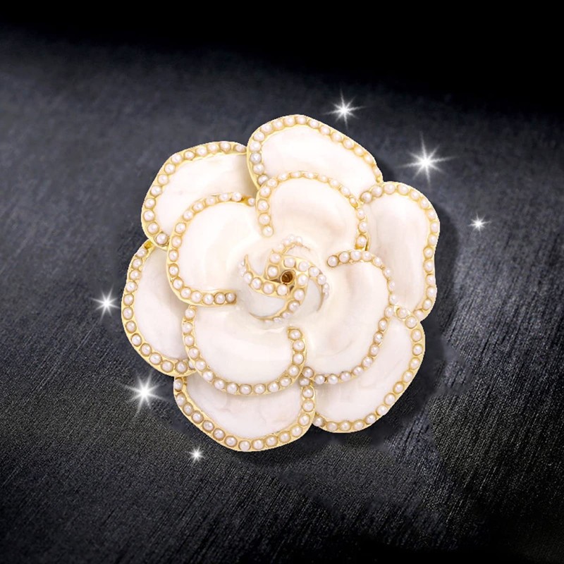 Enamel Camellia Pearl Brooch - Elegant Petal Pin Wedding &