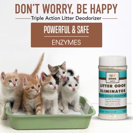 CAT LITTER ODOR ELIMINATOR. Triple-Action Deodorizing powder with natural enzymes, ammonia remover and activated baking soda. Made in USA with no harsh chemicals or perfumes! 100% SAFE (1lb)