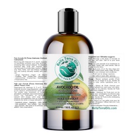 Bella Terra Oils Avocado Oil 473ml - 100% Pure, Organic, Cold-Pressed, Unrefined, Rich in Antioxidants, Nourishing Moisturizer for Hair, Face, Body, Nails