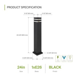 ASD 24 Inch Square Bollard Light Fixture | 60W E26 Socket 120V | Dimmable, Waterproof, LED/CFL/Incandescent Bulbs Compatible, ETL Listed | Outdoor Floor Lantern, Landscape Post Lighting | Black