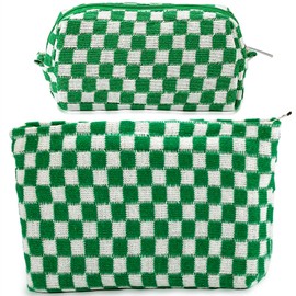 ZLFSRQ 2Pcs Checkered Makeup Bag for Women Large and Small Capacity Green Cosmetic Bag Set Travel Makeup Pouch for Purse Zipper Toiletry Organizer Cute Y2K Aesthetic Girls Makeup Brushes Storage Bag