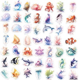 50Pcs Ocean Animal Stickers for Water Bottles, Waterproof Adhesive Fish Decals Under The Sea Marine Life Stickers Ocean Sticker for Kids for Birthday Party Scrapbook Skateboard Laptop (Marine Life)