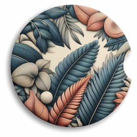 Leaves Pattern Car Coasters Set of 4 Non Slip Rubber Bottom Round Coaster