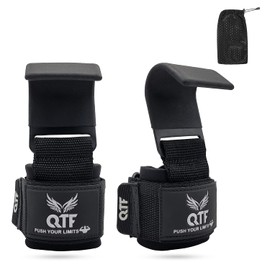 QTF Weight Lifting Hooks - Metal Lifting Hooks and Heavy Deadlift Hooks with Wrist Straps for Men and Women, Heavy Duty Sports Hooks for Deadlifts, Pull Ups, Shrugs, Powerlifting, and Gym Workouts (Black, Metal Hook)