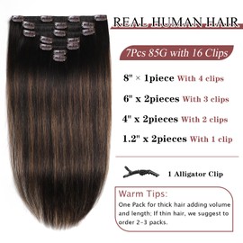 Clip in Hair Extensions Real Human Hair Straight Remy Human Hair Extensions Clip ins Balayage Dark Brown to Chestnut Brown Clip in Extensions for Women 16 Inch 7Pcs 85g