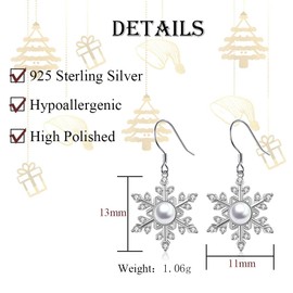 Deyanse Christmas Jewellery Set for Women, 925 Sterling Silver Snowflake Jewellery Set, 2 Pieces Snow Pendant Necklace & Earrings with White Pearl Zirconia, Hypoallergenic, 45 + 5 cm Silver Chain