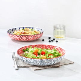 Selamica 9.6" Pasta Bowls Set of 4, 51 OZ Large Salad Bowls, Ceramic Wide and Shallow Serving Bowls for Soup, Dinner, Microwave & Dishwasher Safe, Assorted Colors
