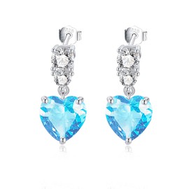 LOCIBLO March Birthstone Dangle Earrings for Women 925 Sterling Silver White Gold Love Heart Pendant Blue Synthetic Aquamarine Stud Earrings Jewellery for Her