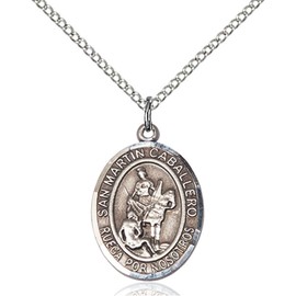 Bonyak Jewelry Saint Medal Collection Sterling Silver San Martin Caballero Pendant 3/4 x 1/2 inches with 18 inch Sterling Silver Curb Chain