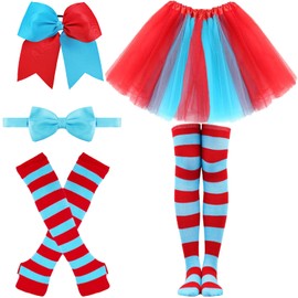 WGOCAUK 5 PCS World Book Day Thing Costume - Include Red Blue Large Bows Hair Ties Tutu Skirt Bowtie Striped Gloves and Knee Socks for 101 Days of School Dress Up