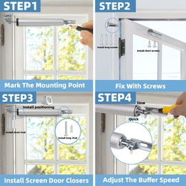 Dluno 1 Set Silver Screen Door Closers, Storm Door Closer Medium Duty Screen Door Shock Adjustable Cushion Speed Screen Door Pneumatic Closer,Screen Security Doors Storm Door Shocks Smooth Door Closer